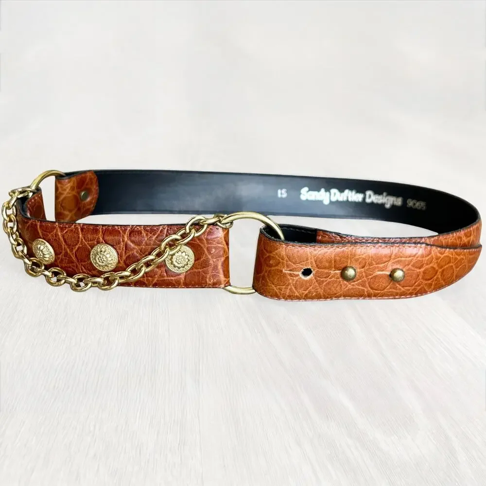 Vintage Sandy Duftler Croc Leather Chain Concho Belt Brown Brass Size AS IS
